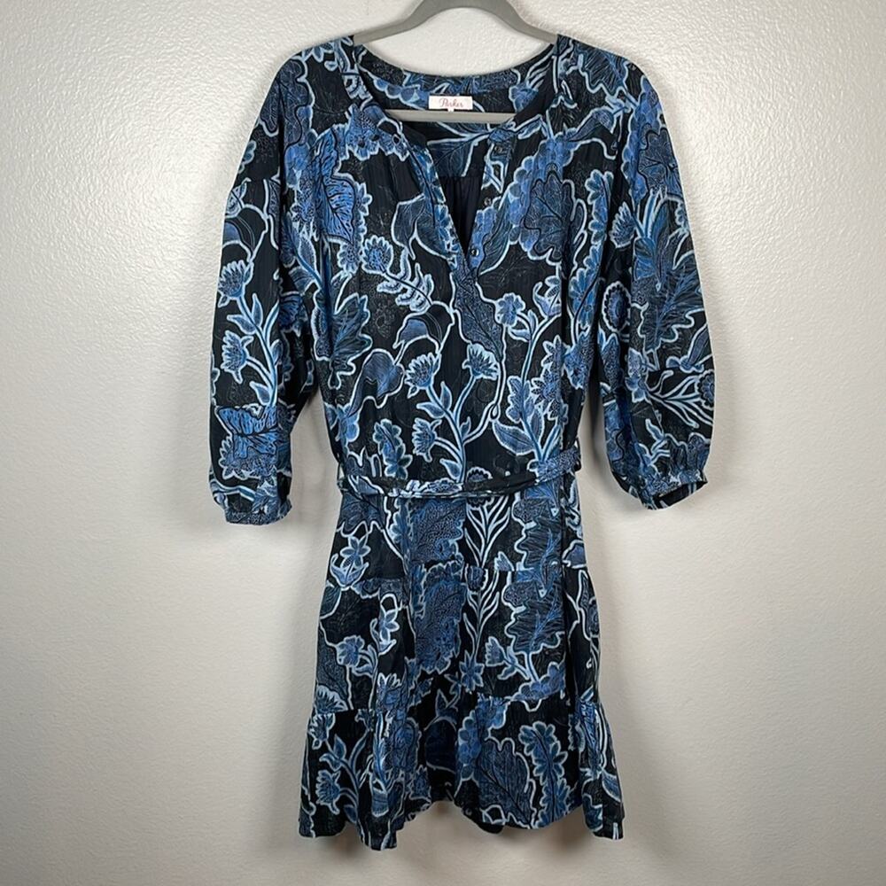 Parker Jenna Puff Sleeve cotton tiered tie waist mini dress dark floral large - Picture 3 of 9